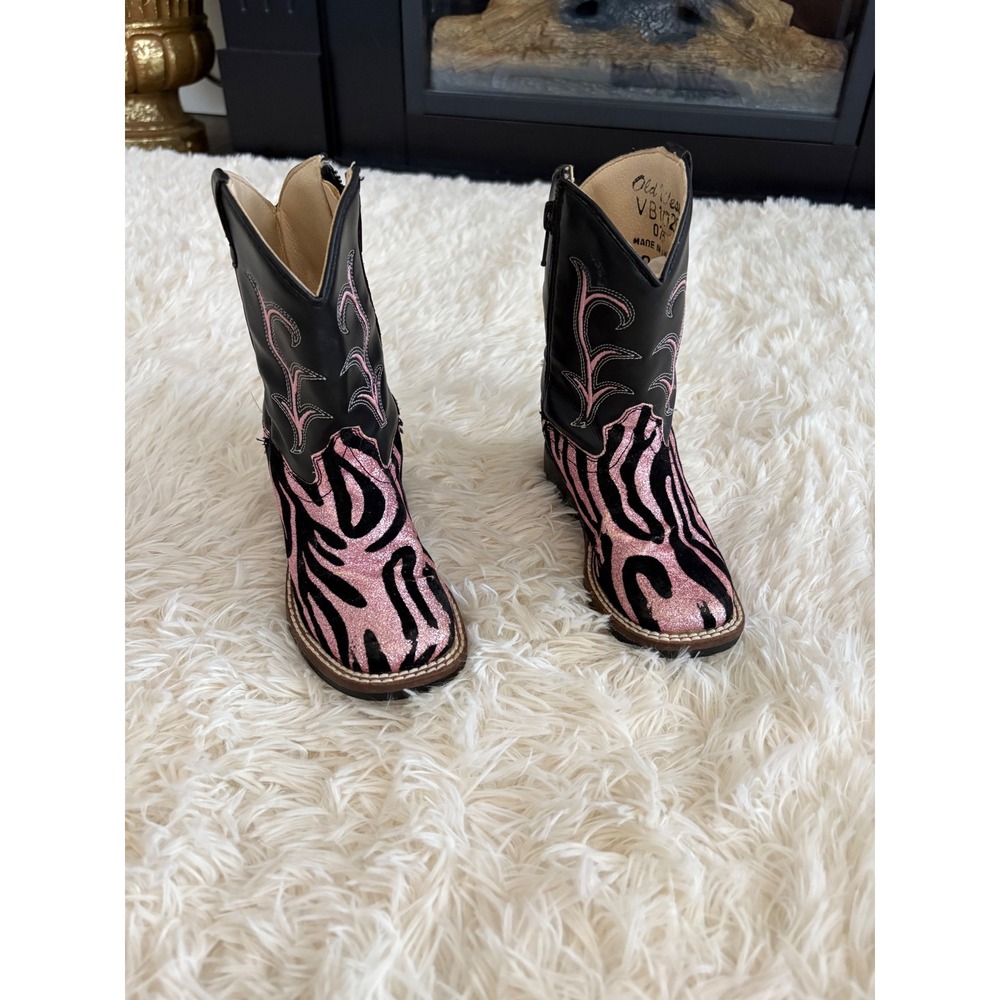 Old West Pink Zebra Glitter Cowboy Boots‎ Black Embroidery Girls Western